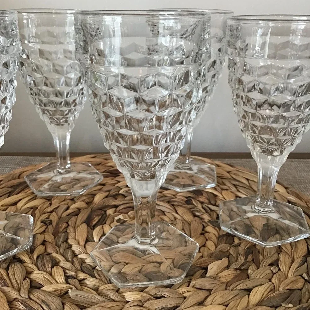 Vintage Indiana Glass Whitehall Pattern Cubist Glass Wine Goblets Set of 6 Retro